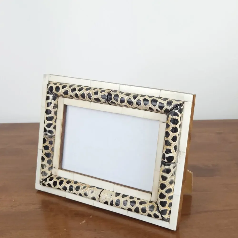 Handcrafted Bone Inlay Picture Frame Giraffe Safari Boho Eclectic Organic 4x6